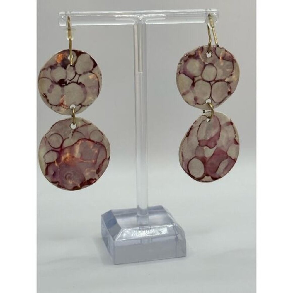 Double-Drop Dangle Earrings With Abstract Circular Pattern In White & Pink Tones